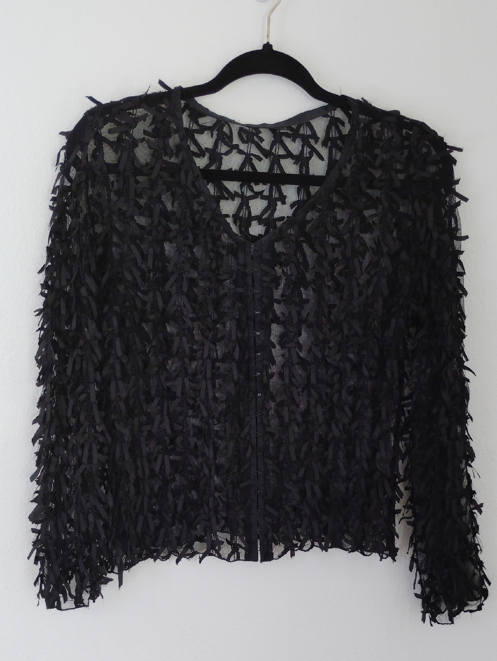 Staples Womens Sheer Mesh Black Hook & Eye Jacket Sz L Ribbons Bows Artsy Goth